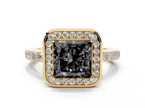 Fancy Black Princess Cut Diamond Halo Ring with Bezel Frame and Pavé Band Yellow gold