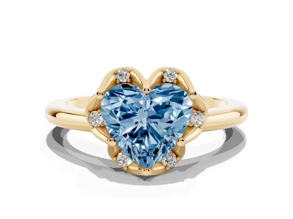 Fancy Blue Heart Cut Halo Diamond Ring with Round Cluster Setting, Solitaire Band, and Four-Prong Setting Yellow gold