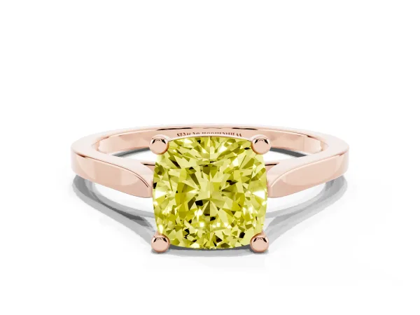 Fancy Yellow Cushion Cut Solitaire Diamond Ring with Four-Prong Setting and Tapered Band Rose gold
