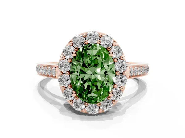 Fancy Green Oval Cut Diamond Floral Halo Ring with Pavé Band and Prong Setting Rose gold