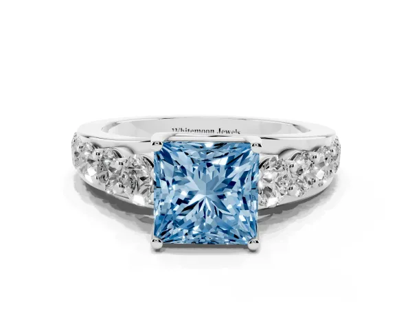 Fancy Blue Princess Cut Diamond Engagement Ring with Pavé Band and Four-Prong Setting White gold