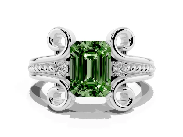 Fancy Green Emerald Cut Solitaire Twisted Band Scroll Prong Ring White gold