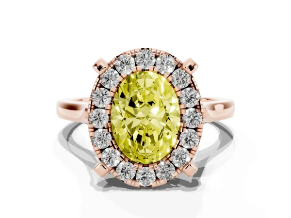 Fancy Yellow Oval Cut Diamond Cluster Halo Solitaire with Four-Prong Setting Rose gold