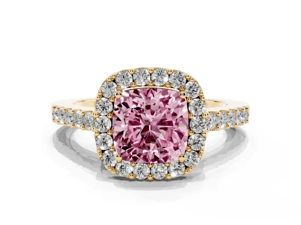 Fancy Pink Cushion Cut Halo Diamond Pavé Solitaire Ring Yellow gold