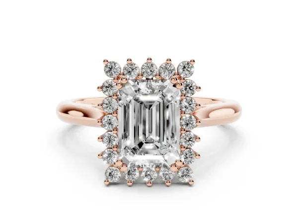 Emerald Cut Cut Diamond Halo Ring with Solitaire Band and Prong Setting Rose gold