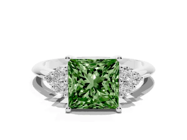 Fancy Green Princess Cut Cut Diamond Cluster Ring with Solitaire Band and Four-Prong Setting Platinum