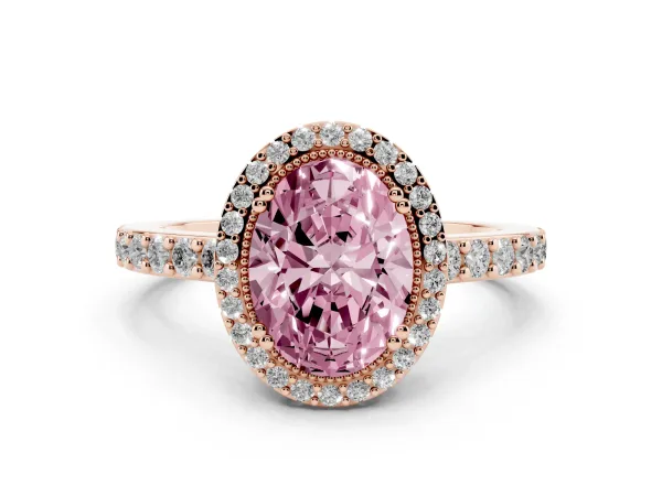 Fancy Pink Oval Cut Cut Diamond Halo Engagement Ring with Milgrain Detail and Pavé Band Rose gold