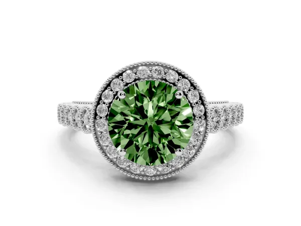 Fancy Green Round Cut Halo Milgrain Solitaire with Bezel Set Side Stones and Pave Band Platinum
