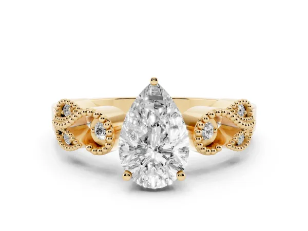 Pear Cut Solitaire Milgrain Leaf Band with Prong Setting Yellow gold