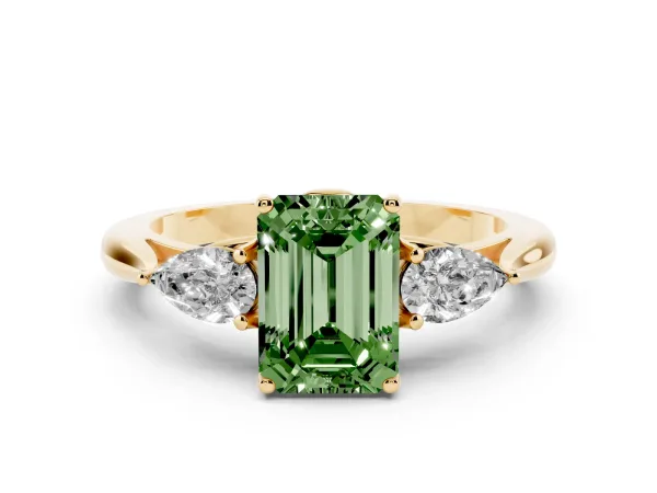 Fancy Green Three-Stone Emerald Cut Brilliant Diamond Solitaire Ring with Tapered Band and Four-Prong Setting Yellow gold