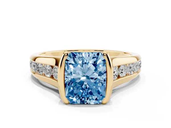 Fancy Blue Radiant Cut Solitaire Bezel-Set Diamond Ring with Channel-Set Band Yellow gold