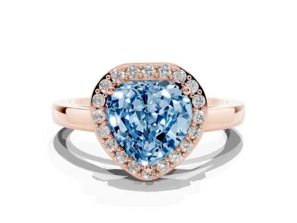 Fancy Blue Heart Cut Halo Diamond Ring with Solitaire Band and Prong Setting Rose gold
