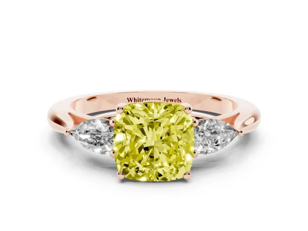 Fancy Yellow Three-Stone Cushion Cut Brilliant Diamond Solitaire Ring with Tapered Band and Four-Prong Setting Rose gold