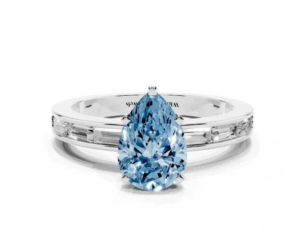 Fancy Blue Pear Cut Solitaire Diamond Ring with Channel-Set Baguette Band and Four-Prong Setting Platinum