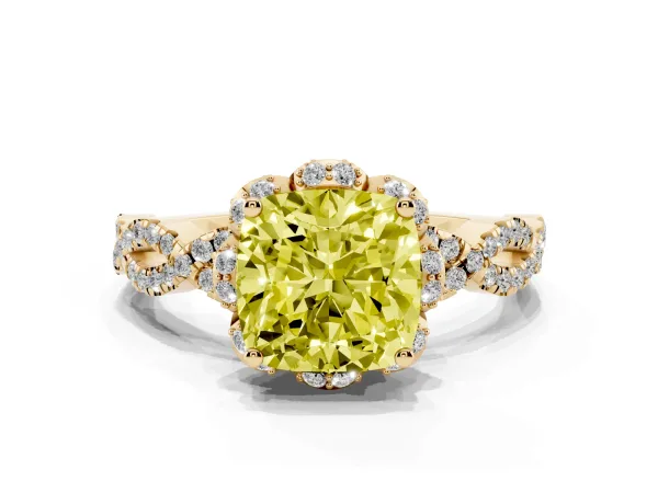 Fancy Yellow Cushion Cut Halo Twist Band Solitaire Ring with Six-Prong Setting Yellow gold
