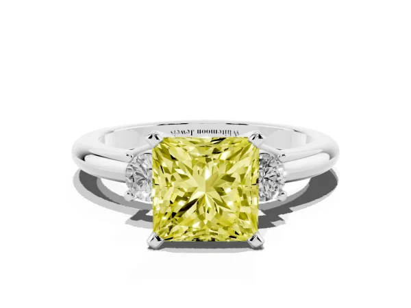 Fancy Yellow Three-Stone Princess Cut Cut Diamond Solitaire with Prong Setting and Classic Band Platinum