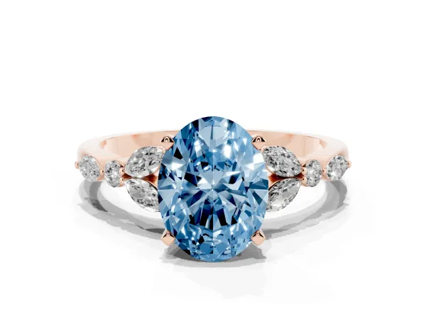 Fancy Blue Oval Cut Diamond Solitaire Ring with Side Stones and Four-Prong Setting Rose gold