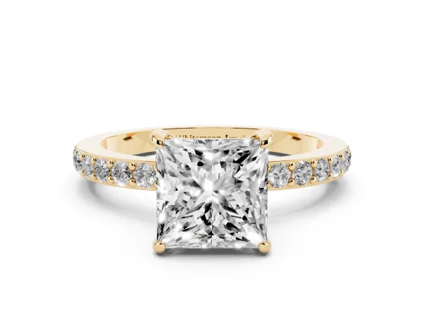 Princess Cut Diamond Pavé Engagement Ring with Round Accents and Prong Setting Yellow gold
