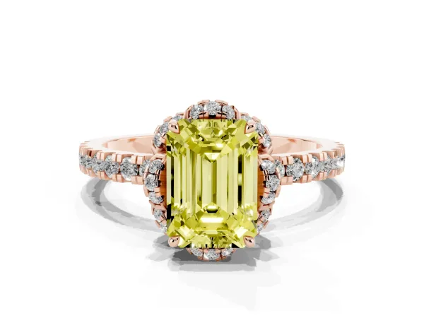 Fancy Yellow Emerald Cut Halo Diamond Pave Band Ring with Four-Prong Setting Rose gold