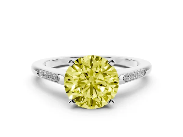 Fancy Yellow Round Cut Diamond Solitaire Ring with Channel Set Round Band and Prong Setting White gold
