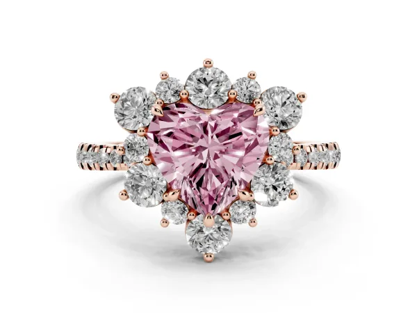 Fancy Pink Heart Cut Diamond Floral Halo Ring with Round Pavé Band and Prong Setting Rose gold