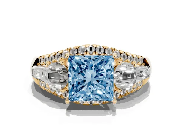 Fancy Blue Three-Stone Princess Cut Diamond Engagement Ring with Pave Band and Prong Setting Yellow gold