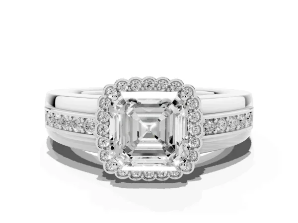 Asscher Cut Cut Halo Pave Band Four-Prong Ring Platinum