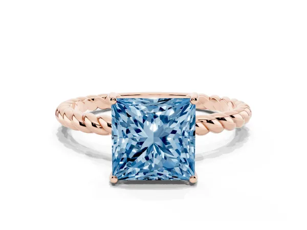Fancy Blue Princess Cut Solitaire Twisted Band 4-Prong Ring Rose gold