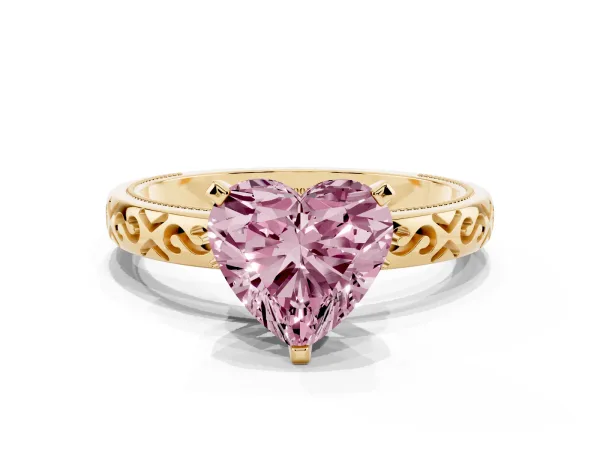 Fancy Pink Heart Cut Solitaire Engagement Ring with Scrollwork Band and Four-Prong Setting Yellow gold