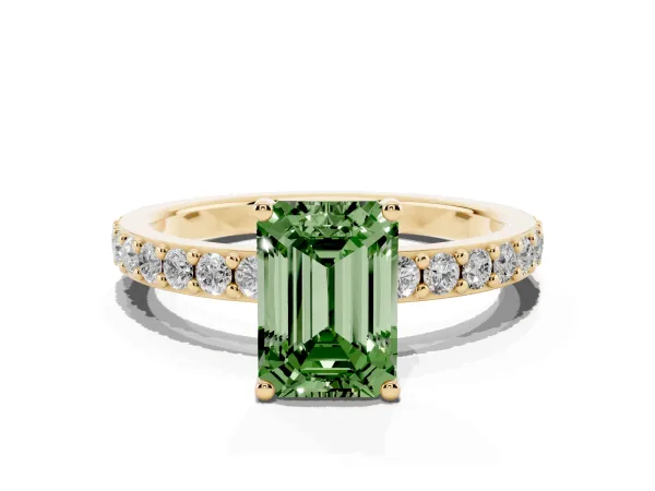 Fancy Green Emerald Cut Cut Diamond Solitaire with Pave Band and Four-Prong Setting Yellow gold