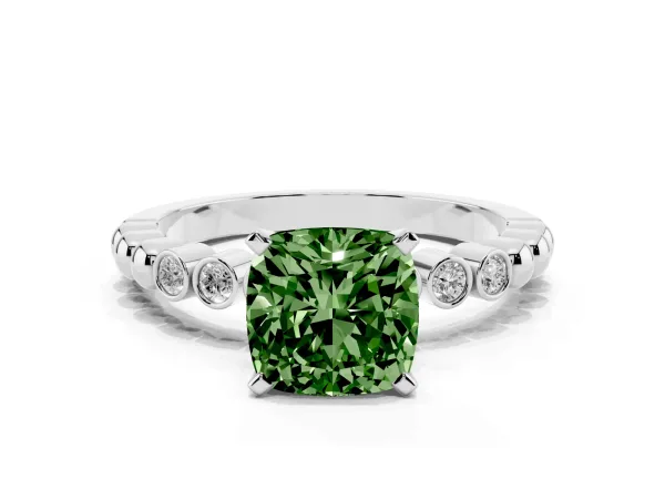 Fancy Green Cushion Cut Solitaire Bezel Accent Diamond Engagement Ring with Beaded Band and Four-Prong Setting Platinum