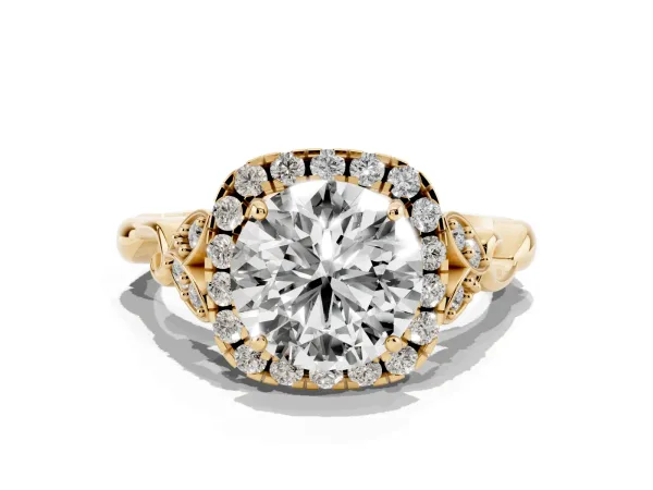Round Cut Halo Diamond Engagement Ring with Vintage-Inspired Band and Four-Prong Setting Yellow gold