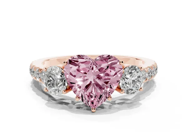 Fancy Pink Heart Cut Cut Diamond Three-Stone Ring with Round Side Stones and Pavé Band Rose gold