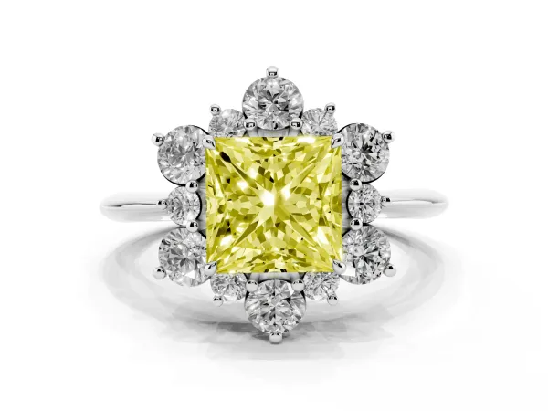 Fancy Yellow Princess Cut Diamond Cluster Halo Ring with Solitaire Band and Four-Prong Setting Platinum