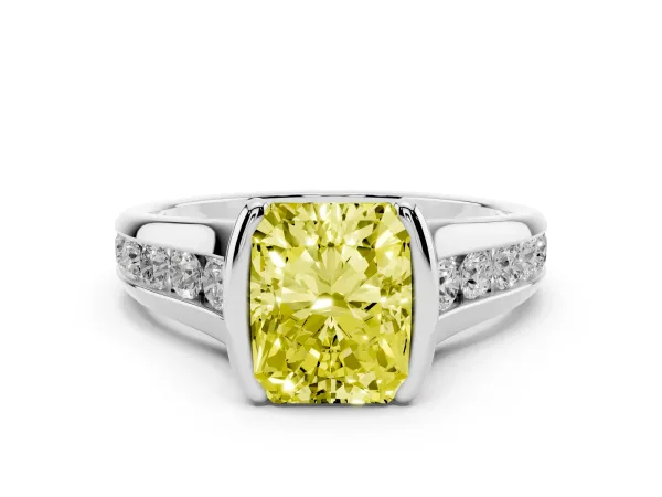 Fancy Yellow Radiant Cut Solitaire Bezel-Set Diamond Ring with Channel-Set Band Platinum