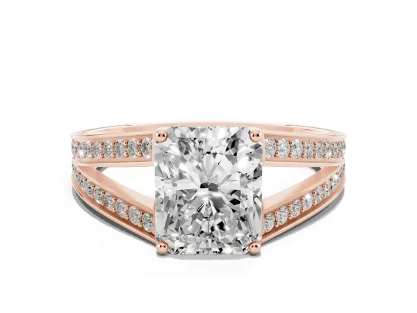Radiant Cut Diamond Split Shank Ring with Pavé Band and Four-Prong Setting Rose gold