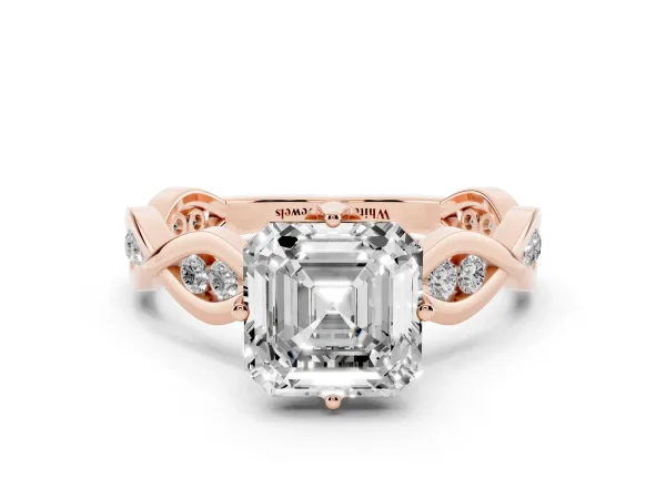 Asscher Cut Solitaire Twist Band with Leaf Prong Setting Rose gold