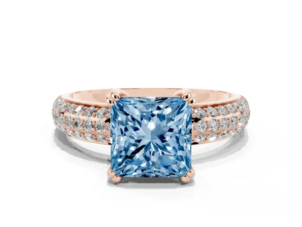 Fancy Blue Princess Cut Diamond Solitaire Ring with Multi-Row Round Pavé Band and Prong Setting Rose gold