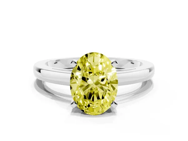 Fancy Yellow Oval Cut Solitaire Diamond Engagement Ring with Four-Prong Setting on a Classic Band Platinum