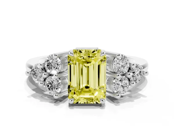 Fancy Yellow Emerald Cut Brilliant Diamond Cluster Accent Solitaire Ring with Prong Setting White gold