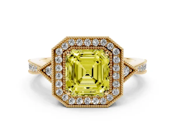Fancy Yellow Asscher Cut Halo Round Diamond Milgrain Pave Engagement Ring Yellow gold