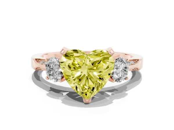 Fancy Yellow Heart Cut Brilliant Three-Stone Diamond Ring with Pavé Band and Four-Prong Setting Rose gold