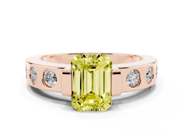 Fancy Yellow Emerald Cut Brilliant Channel-Set Diamond Ring with Bezel Prong Setting Rose gold