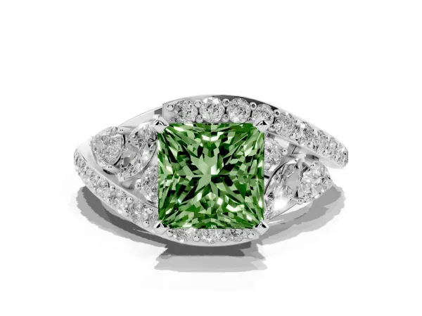 Fancy Green Princess Cut Diamond Halo Ring with Marquise and Pavé Band in Prong Setting White gold