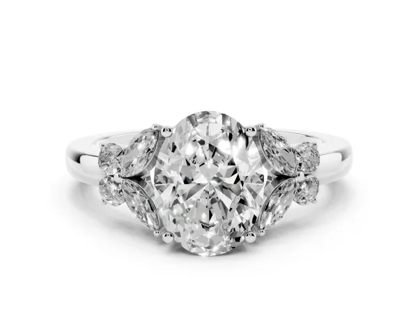 Oval Cut Cut Solitaire Floral Diamond Ring with Four-Prong Setting Platinum