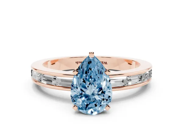 Fancy Blue Pear Cut Solitaire Diamond Ring with Channel-Set Baguette Band and Four-Prong Setting Rose gold