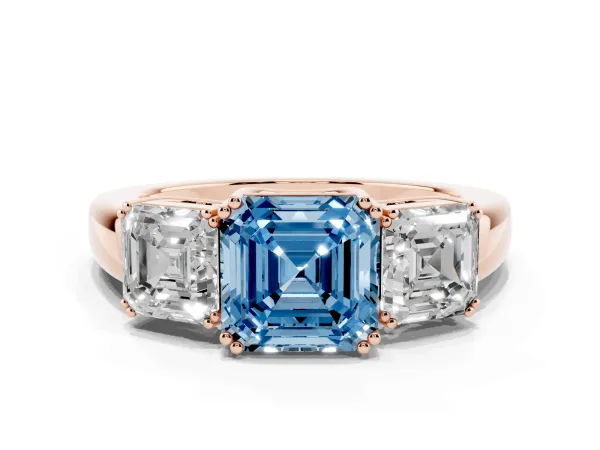 Fancy Blue Three-Stone Asscher Cut Cut Diamond Ring with Channel Set Band and Four-Prong Setting Rose gold