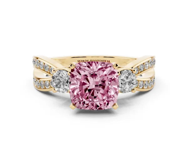 Fancy Pink Three-Stone Cushion Cut Cut Diamond Twist Band with Prong Setting Yellow gold