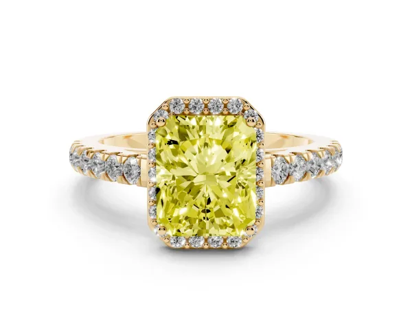 Fancy Yellow Radiant Cut Cut Halo Diamond Engagement Ring with Pave Band and Four-Prong Setting Yellow gold