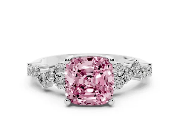 Fancy Pink Cushion Cut Diamond Scattered Round Accent Ring with Prong Setting White gold